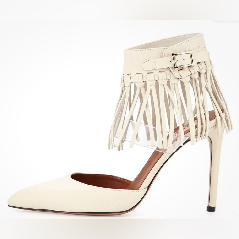 Valentino C-Rockee White Leather Illusion Fringe Ankle Wrap Heels Size EU 38.5 - Picture 1 of 15